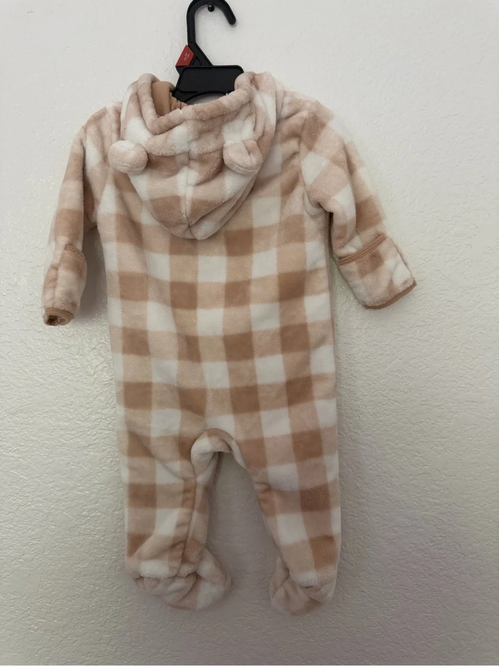 Mick Mack Baby Bear Fleece Footed Pram Suit Hooded Sleeper Gingham Tan 6-9M